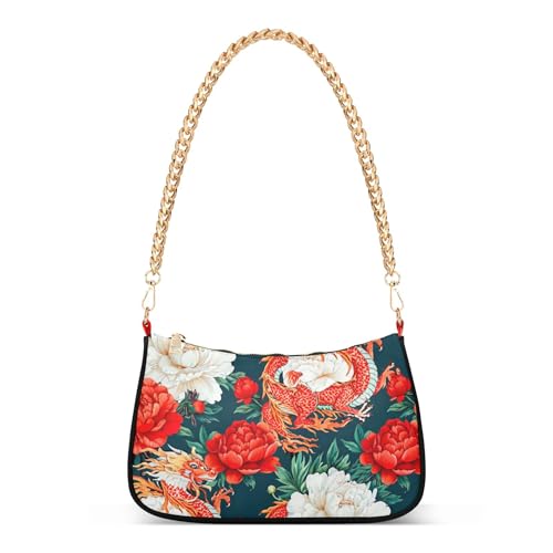 Chinese Dragon Red White Peonies Colorful Shoulder Bag for Women Hobo Clutch Purse Chain Strap Zipper Wallet Purse - Main Image