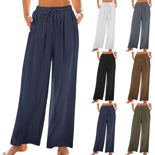 Linen Pants Women Elastic High Waisted Wide Leg Pants Soft Flowy Palazzo Lounge Trousers 2025 Trendy Summer Clothes