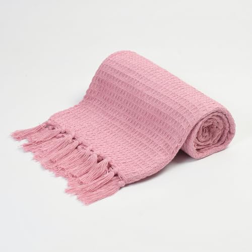 Image of Handloom Cotton Throw for Sofa & Bed | Soft Lightweight Boho Blanket | Decorative All-Season 100% Cotton Sofa Throw - 50x60 inch (Pink)