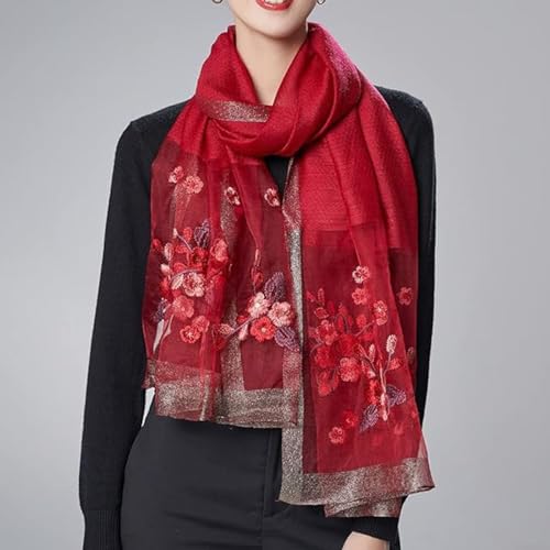 Tazweeq Silk Scarf, for Women, Lightweight Shawls and Wraps for Weddings, Fashion Pashmina Shawl, Embroidered Scarves(Red)