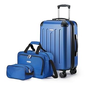 Amazon Basics 3-Piece Luggage Set, Including One Carry-On Luggage (22″ Expandable Hardside Suitcase With 8 Spinner Wheels), One 15″ Tote Bag, and One 10″ Compact Travel Bag, Navy Blue