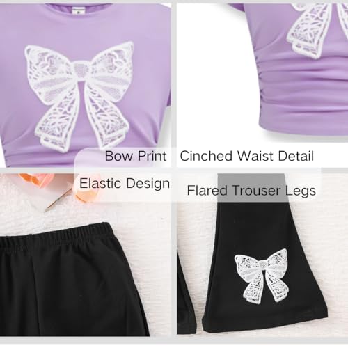 Image of Girls Clothes 2 Piece Short Sleeve Lace Bow Print Tops Flared Pants Set Little Girl Outfits Size 7-14