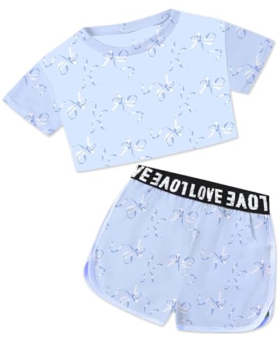 Bestuline Girls Summer Clothes 2 Piece Short Sleeve Crop Top & Shorts Set with Side Pockets，4-14Years