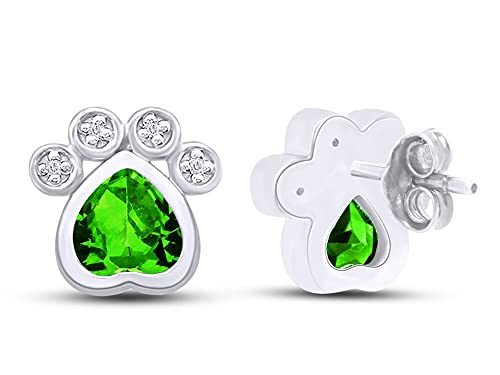 Pet Love Heart Cut Simulated Emerald & Round White Cz Paw Print Stud Earrings Jewelry For Women In 14K White Gold Over Sterling Silver With Push Back #TOP2