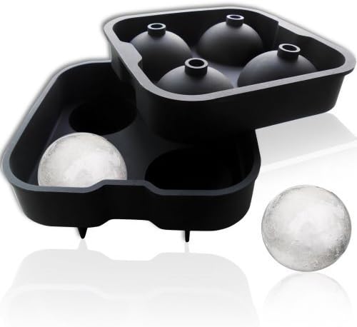 FuKiPro Funky Kitchen Products for 4 Ice Balls with 4.5 cm Diameter Ice Mould - Ice Ball Mold Ice Cube Mould Sphere Silicone Ice Maker - Black, Large