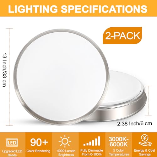Image of 13 Inch 36W Dimmable Flush Mount LED Ceiling Lights, 5CCT (2700K-6500K) Adjustable & 4000LM Super Bright LED Ceiling Light Fixtures, Brushed Nickel Modern Ceiling Lamp for Bathroom Hallway, 2-Pack