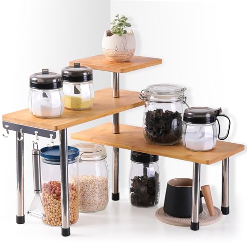 3 Tier Corner Shelf Bamboo Countertop Organizer Bookshelf Display Shelves Space Saving Rack for Living Room, Kitchen, Office (with Hooks)
