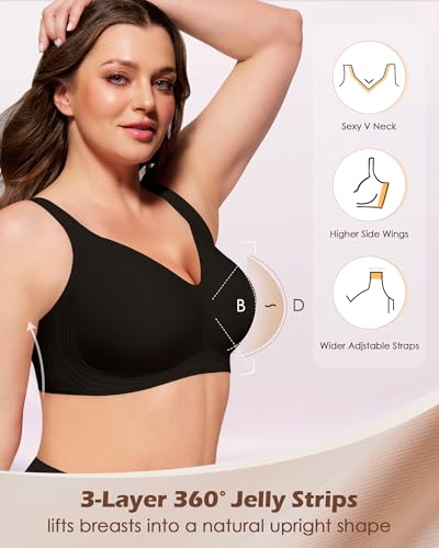 HORISUN Wireless Jelly Bras for Women Plus Size Supportive Seamless T-Shirt Bra Full Coverage Push Up Bralettes (Black 36DDD) — view 3