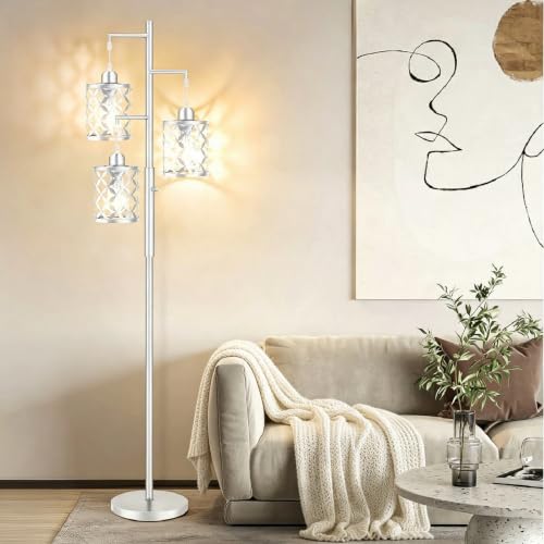 GHOOCEMLUX 68" Modern Tree Floor Lamp, Dimmable Minimalist Tall Standing Lamp with Metal Cages & Rotary Dimmer Knob, Corner Decor Lighting for Living Room Bedroom Cafe, 3 x 800LM Bulbs Included-Silver by GHOOCEMLUX - Used condition - Image 7