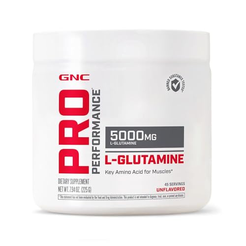 GNC Pro Performance L-Glutamine 5000mg, Amino Acid Supplement Powder, Supports Muscle Recovery & Function, Fuels Immune System, Plays Key Role in Protein Synthesis, Unflavored, Gluten Free, 45