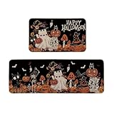 Moutina Happy Halloween - Juego de 2 alfombras decorativas de cocina con diseño de hongos y calabaza, diseño de esqueleto de otoño, vacaciones, fiestas, decoración del hogar, tapetes de cocina de