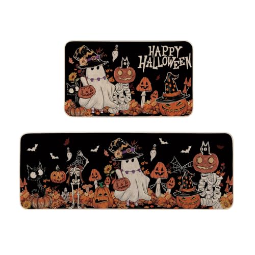 Moutina Happy Halloween Ghost Mushroom Pumpkin Skeleton Decorative Kitchen Rugs Set of 2 Halloween Holiday Party Home Decor Low-Profile Kitchen Mats for Floor - 17x29 and 17x47 Inch Black