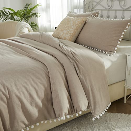 Softta Luxury Boho Twin Size 3Pcs Duvet Cover Set Pompom Lightweight Aesthetic for Girls Bedding Set Dark Khaki Pom-Fringe Pompom 100% Washed Cotton Quilt Cover Bedding Set - Thumbnail 5