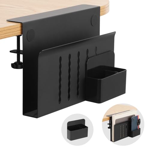 CIBOTIES Desk Side Storage Under Desk Laptop Mount Table Side Hanging File Organizer No Drill Clamp On Cable Management Tray Laptop Holder with Magnetic Pen Holder for Office and Home(Black)