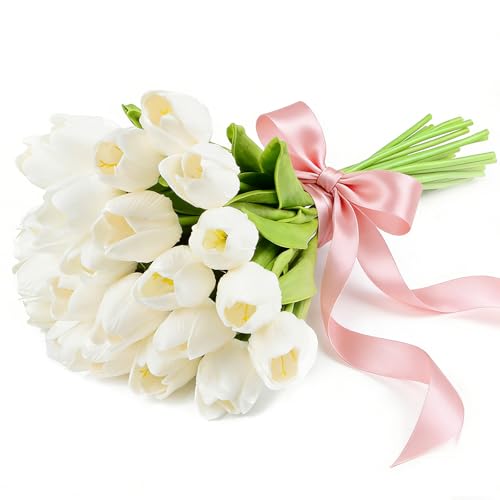 Artificial Tulips Bridal Wedding Festival Decor Bouquet Real Touch PU Flower Bouquet Pack of 20 (White) image 1
