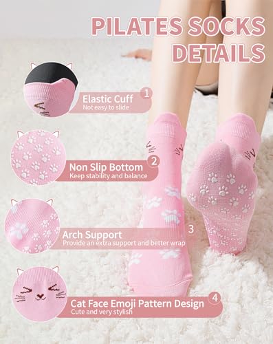 Yawlsow Pilates Grip Socks for Women Cute Yoga Grippy Non Slip Non Skid Cat Socks with Cat Paw Gripper for Barre Workout2