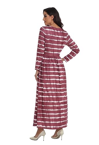 Image of Women's Long Sleeves Maxi Dress Plain Empire Waist Casual Dress Loose Fall /Winter Dresses with Pockets, Stripe Wine S
