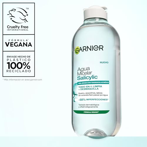 Garnier Salicylic Eau Micellaire à l'acide salicylique 58% d'imperfections Tout en 1 : nettoie et démaquille, Peaux grasses, Testé dermatologiquement et ophtalmologiquement, 400 ml