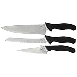 Kershaw Emerson 3-Piece Cook’s Set (6100); Chef’s Knife, Paring Knife, Bread Knife; Full Tang; DIN 1.4116 Steel Satin Finish; Black Glass-Filled Nylon Handle; Emerson Ergonomic Grip; Blade Protector