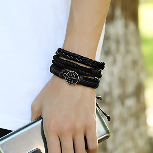 PULSEIRA BRACELETE DE COURO UNISSEX ARVORE DA VIDA AJUSTAVEL ARTESANAL TRANÇADA JOGO DE 3 PULSEIRAS