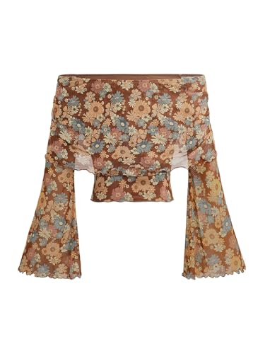 Verdusa Women's 70s Off Shoulder Flare Sleeve Ruched Tee Top Floral Print Lettuce Trim Crop Tee Shirt2