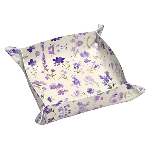 Bandeja de almacenamiento de cuero con estampado de flores de color lavanda morada, impermeable y fácil de limpiar para llaves, joyas, maquillaje y otros objetos pequeños, tamaño mediano 9.8 x 9.8