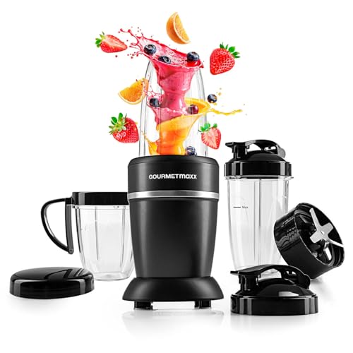 GOURMETmaxx Nutrition Mixer 1000 Watt | Smoothie Maker con coperchio to go | Frullatore con bicchiere e coperchio salvafreschezza – ideale per conservare | Frullatore con set di accessori L per