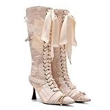 Kapxumo Women's Bow Ballet Boots Satin Pointed Toe Stiletto High Heels Lace-Up Buckle Knee High Boots With Side Zipper Elegant Dress Long Booties For Party Wedding Birthday Prom