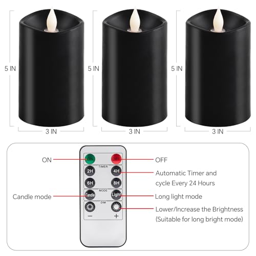 Image of 3PCS, 3 x 5 inches Flameless Candle with Remote Control, 3D Flickering Wick, Real Wax Pillar LED Candles, Battery Candles,with Timer,for Holiday Home Decor, Black