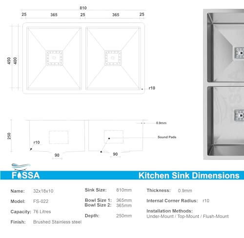 Image of Fossa (32x18x10 Inch) 𝟓-𝐘𝐄𝐀𝐑 𝐖𝐀𝐑𝐑𝐀𝐍𝐓𝐘 Premium Stainless Steel Double Bowl Kitchen Sink | Topmount Sink with Drain Basket, Drain & Square Coupling | Silver (Matte Finish)