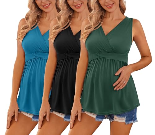 Ekouaer V-Neck Maternity Tank Tops 3 Packs Casual Pregnancy Shirts Sleeveless Nursing Tee Lake Green/Black/Lake Blue S