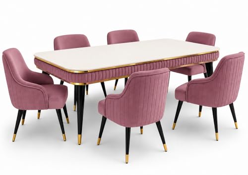 Image of WOODEN SPACE 6-Seater Wooden Dining Table Set | Nano Composite Marble Top | Solid Wood Base | Modern Dining Room Furniture with 6 Chairs (Pink Modern Zyro)