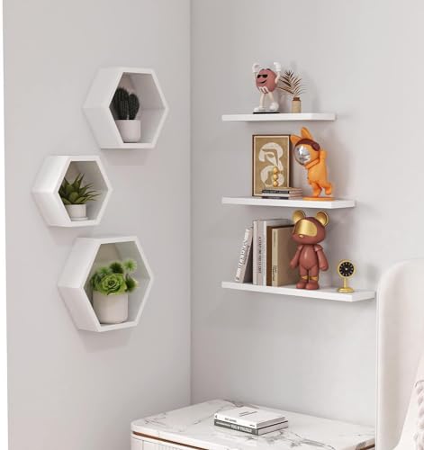 Image of Wooden Floating Wall Shelves Wall Mounted - Set of 6 Hexagon Shelves Display for Photos, Plants, Honeycomb Shelves for Living Room, Bedroom, Bathroom, Kitchen, Office (White)