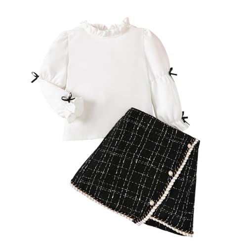 Toddler Baby Girl Two Piece Fall Outfits Puff Sleeve Ruffled Collar Shirt Top+Tweed Plaid Skirt Kids Girls Clothes