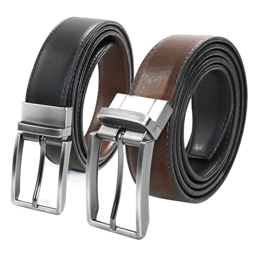 Image of CIMONI Reversible Leather Belt for Men | Genuine Leather & Vegan Leather Pin Buckle Belt | Classic Black /Brown Adjustable Belt for Formal, Business, Office & Casual Wear