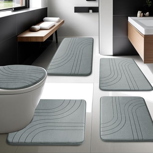 YIHOUSE Bathroom Rug Set 5 Pieces, Soft Non Slip Memory Foam Bath Mat, Extra Thick Bath Mats for Bathroom, Machine Washable Bath Rugs Set for Tub, Toilet and Floor (Light Grey) by YIHOUSE - Image 4