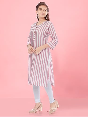 Image of Aarika Girls Cream Colour Cotton Striped Kurti