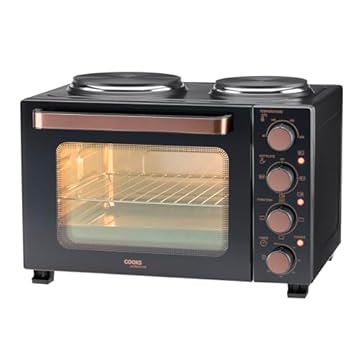Cooks Professional Mini Portable Oven with Hobs | Energy Efficient Electric Countertop Cooker with Two Hot Plate Hobs & Wire Rack Baking Tray | Kitchen Grill Ovens | 28L Capacity | Black & Copper