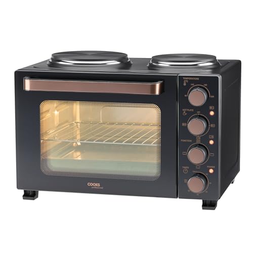 Cooks Professional Mini Portable Oven with Hobs | Energy Efficient Electric Countertop Cooker with Two Hot Plate Hobs & Wire Rack Baking Tray | Kitchen Grill Ovens | 28L Capacity | Black & Copper