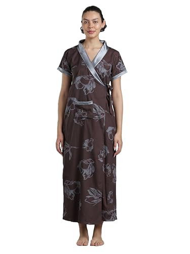 Image of 9shines Label Stylish Cotton Nighty Robe for Women | Front Open Floral Housecoat | Wrap Nighty with Pocket | Adjustable Waist Tie | Plus Size housecoat (HC-2026)