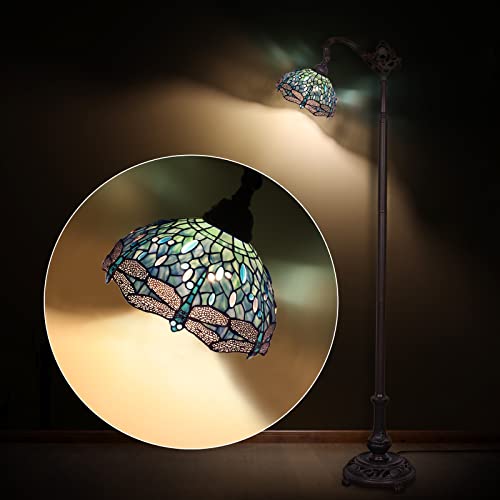 Mooview Tiffany Floor Lamp Dragonfly Stained Glass Floor Reading Bedroom Living Room Arched Lamp 61’’ Tall Wide Lampshade 1 Pcs Led Bulb(2700K E26) Included,Sea Blue,Gifts #TOP2