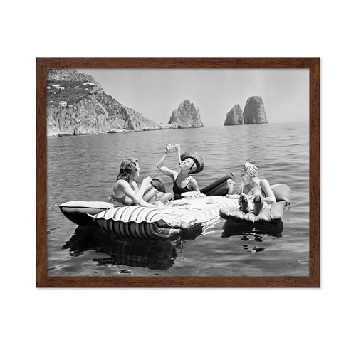 Poster Master Vintage Photograph Poster - Retro Funny Print - Gift for Artist, Friend - Women Eating Pasta on Lake, Picnic, Feminism, Fashion - Wall Decor for Home, Office, 11x14 Brown Framed