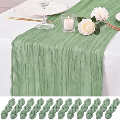 12 Pack Sage Green Cheesecloth Table Runner 17x108 Inch Boho Rustic Semi Sheer Gauze Cheese Cloth Table Runner for Wedding Bridal Shower Baby Shower Party Farmhouse Dining Table Decor