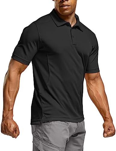 CQR Men's Quick Dry Tactical Polo Shirt, Lightweight Breathable Performance Polo, Short Sleeve UPF 50+ Outdoor Golf Shirt, Frost Essential Black, X-Large
