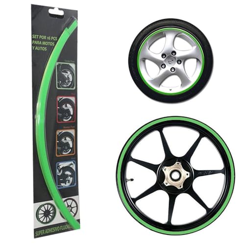 Image of Wheel Rim Fluorescent Adhesive Stickers for Bike & Car | Universal Fit | 16 pcs Strip Set | Waterproof Reflective Rim Tape for Stylish Look & Safety (Light Green)