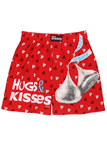 HERSHEY'S Kisses Chocolate Candy Mens Button Fly Boxer Lounge Shorts (Red, Small)