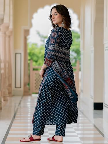 Image of Arayna Women's 100% Pure Cotton Printed Ethnic Suit | A-Line Kurta Set with Pant & Dupatta