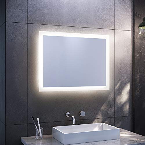 SONNI Badspiegel mit LED-Beleuchtung 80×60 cm Warmweiß Wandschalter Badezimmerspiegel Wandspiegel IP44