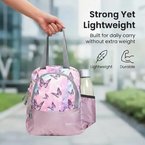 Image of ORBY Lunch Bag Butterfly Lavender | Water-Repellent Durable Fabric | Tiffin Bag with Bottle Holder & Front Pocket | Strong Zipper & Spacious Meal Storage (Butterfly Pattern, Lavender)