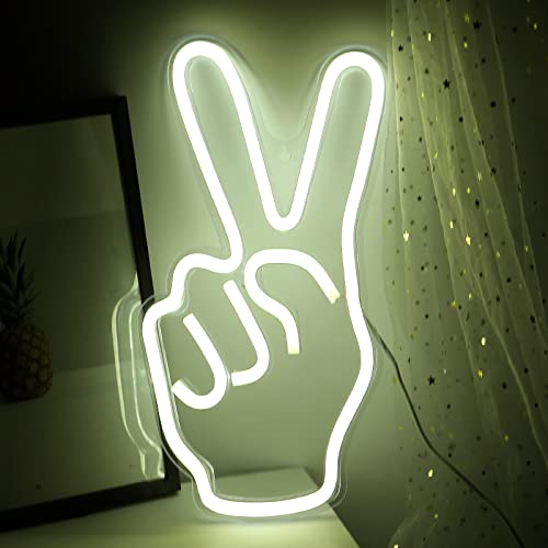 DUDIU Peace Hand Neon Sign Victory Gesture Neon Signs for Wall Decor Peace Neon Light Up Sign for Bedroom Living Room Kids Room Game Room Decoration White Neon Night Light